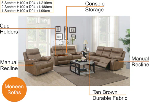 Moneen Tan Fabric Recliner Range - Image 3