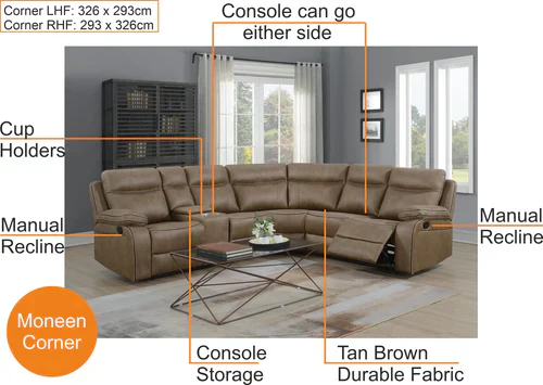 Moneen Tan Fabric Recliner Range - Image 4